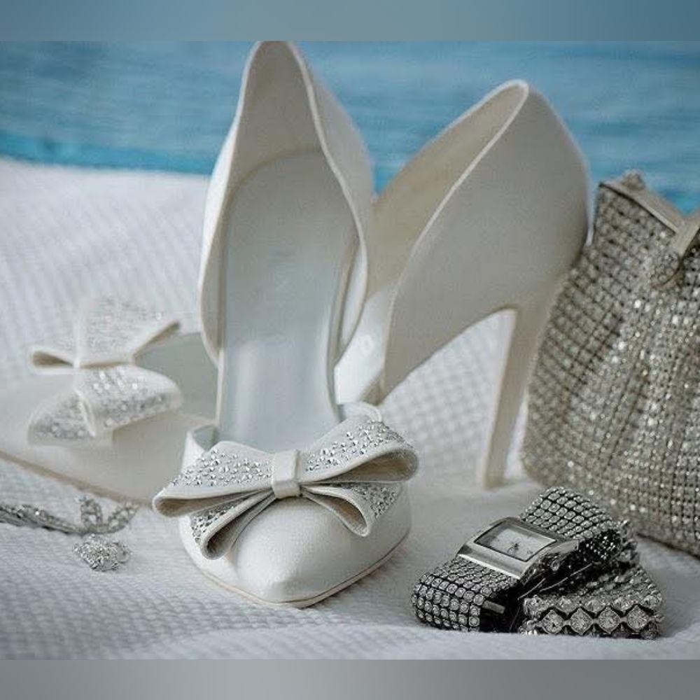 White Crystal Embellished Heels with Satin Finish